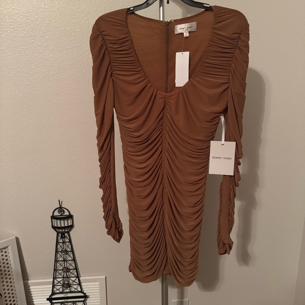 NWT Ronny Kobo Julisa Ruched Long-Sleeve Mini Dress Sz L - Picture 2 of 7